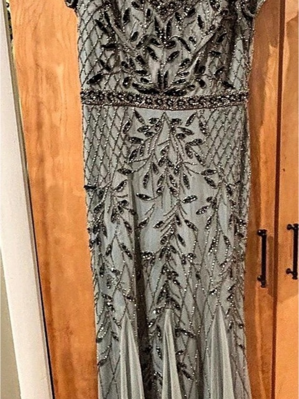 Oleg Cassini V-Neck Beaded Sheath / Column Gown (Style WGIN5141D) in sage